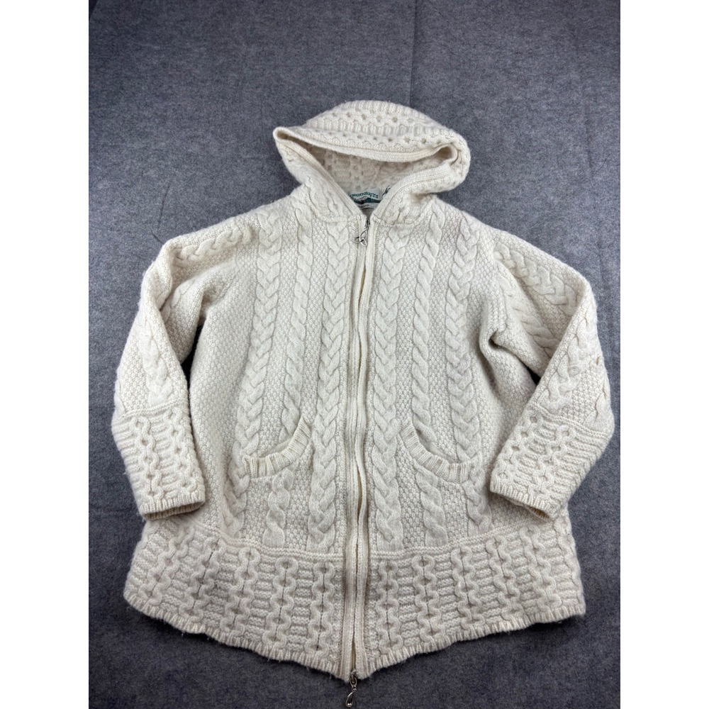 Aran Crafts Ireland Merino Wool Cable Knit Hooded Full Zip Cardigan Cream L SEE